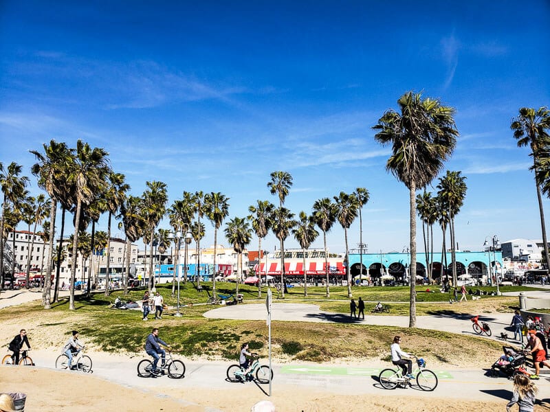 peopel riding bikes along Venice Beach, California