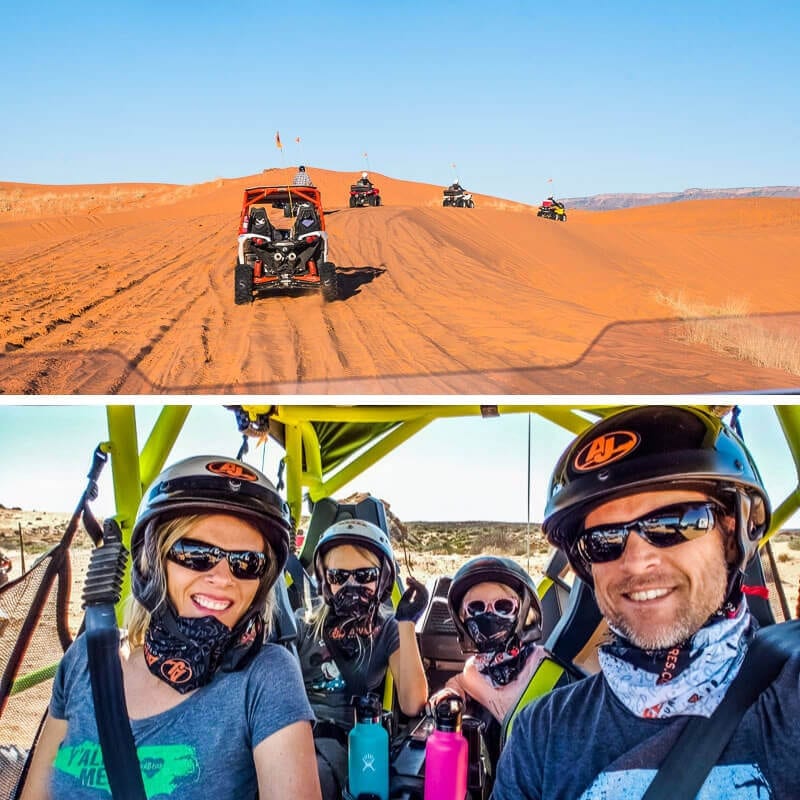 family riding ATVs through the red desert