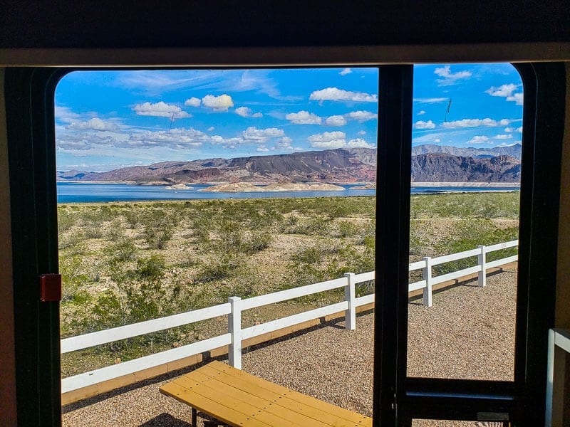 view of lake mead and cliffs from RV window 