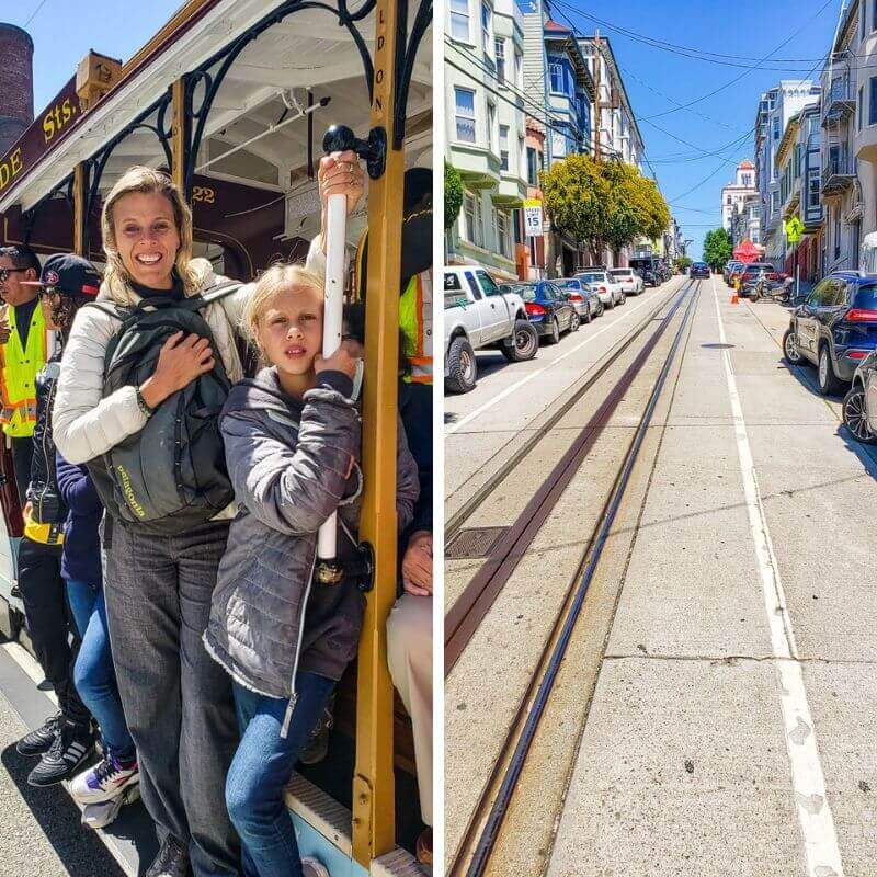 womand child hanging off the Cable Cars, San Francisco