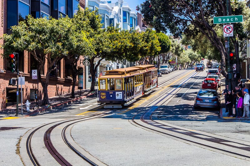 Cable Car goind down hill in  San Francisco