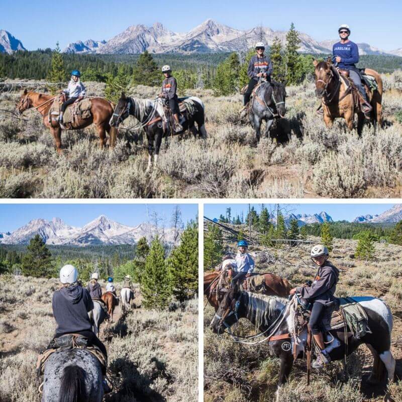 family horseback riding through the jagged mountain scenery 