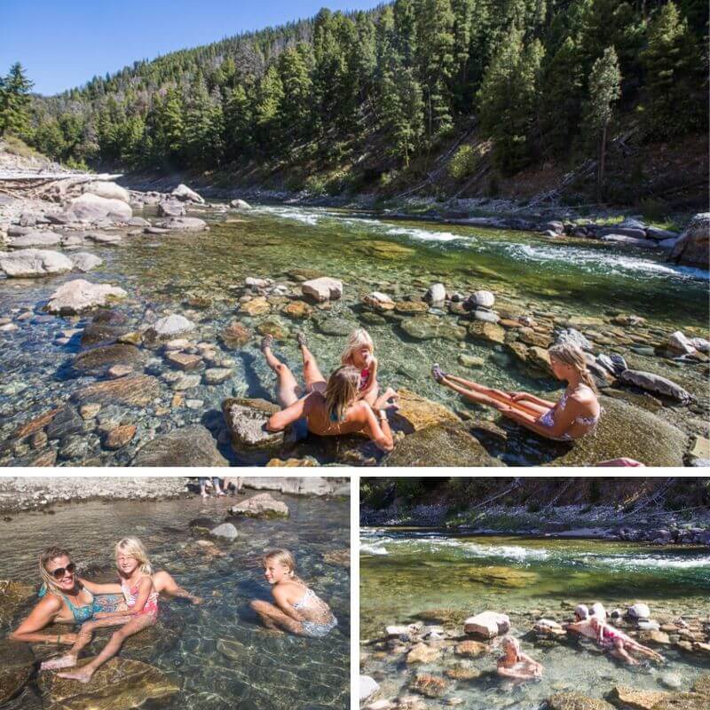 family swimming in sunbeam hot springs next to the salmon river