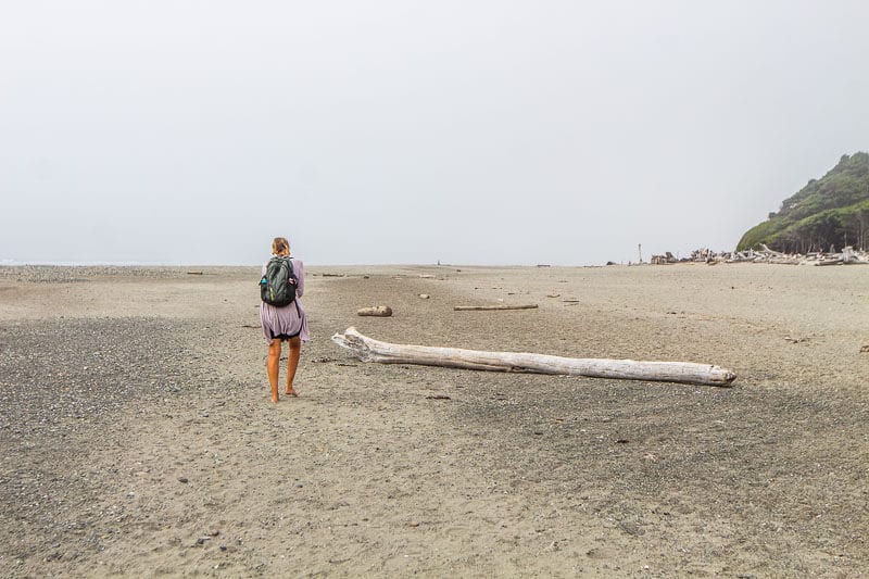 woman standing on a beach with logs