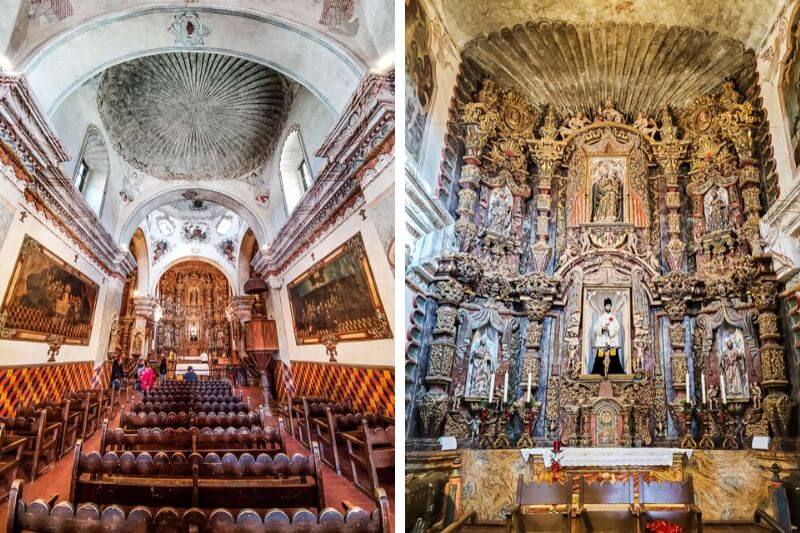 church pews and elaborate altar inside Mission San Xavier Del Bac