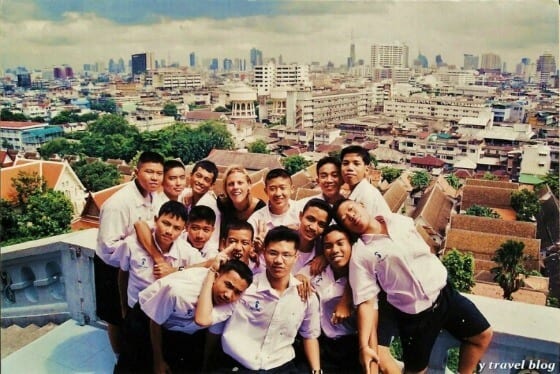 caz with thai students looking at bangkok view