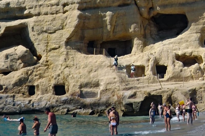 The caves in the cliff face at the beach of Matala, Crete