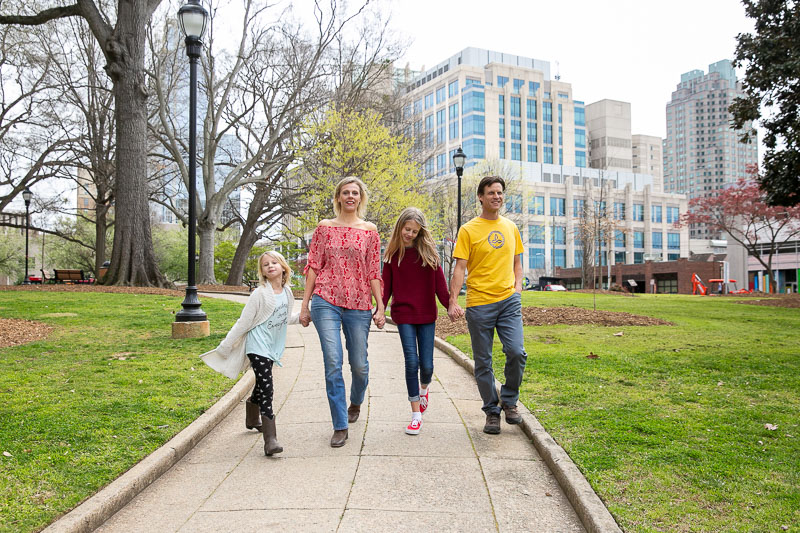 makepeace family strolling through nash square raleigh