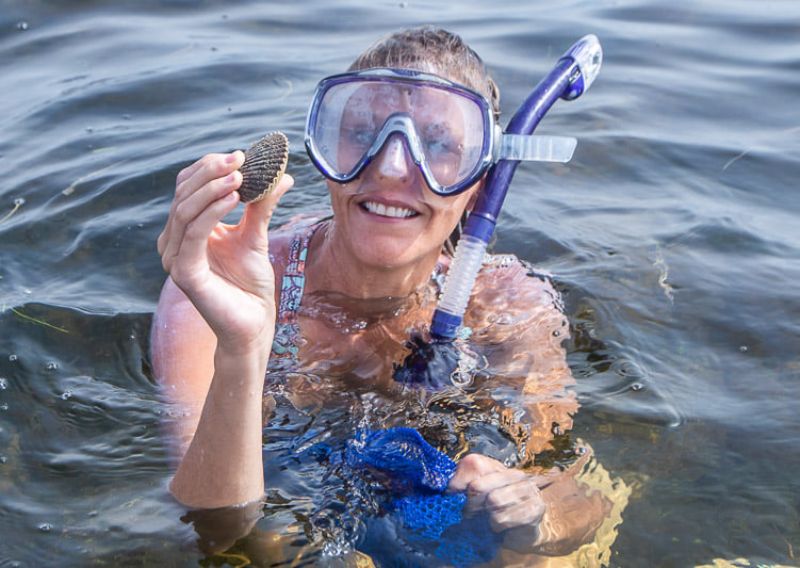 woman holding up scallop in the  gulf coast waters