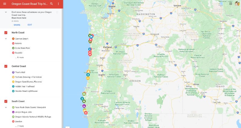 Oregon coast raod trip map