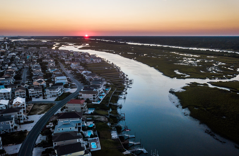 aerial view of Intracoastal waterway sunset Ocean Isle,