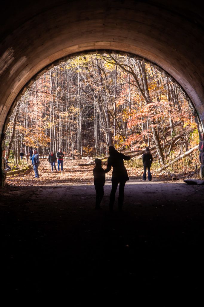 people walking through a tunnel