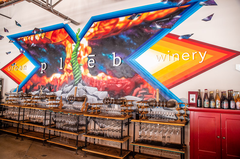 bright mural behind bar Pleb Urban winery