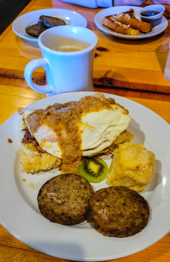 A plate of food and a cup of coffee