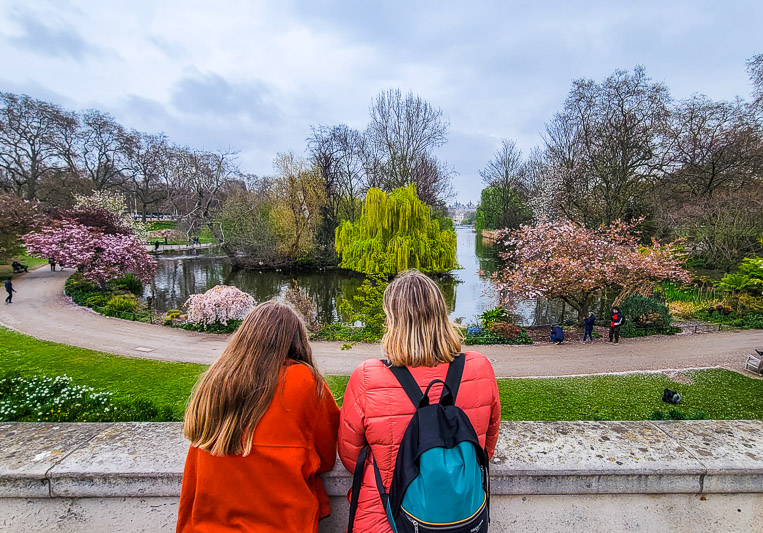 woman and girl looking at the views of St James's Park, London, England