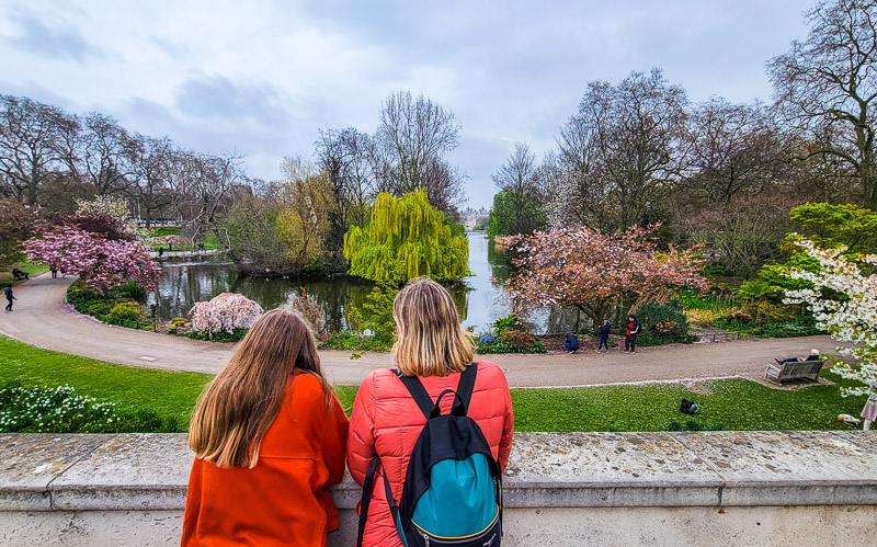 people looking at view of pond in  St James Park, London