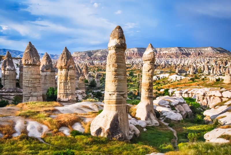 orange and white rock columns in the valley of goreme
