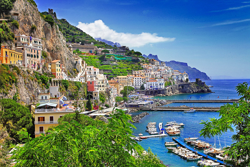 Colorful homes on the clifftops on the Amalfi Coast Italy