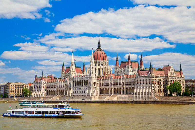 amazing building of Parliament in Budapest and ships in front of it