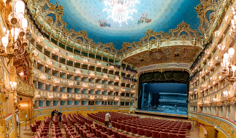Interior of La Fenice Theatre. Teatro La Fenice, "The Phoenix" blue domed roof and elaborate balconies