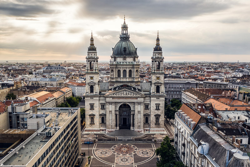 Aerial view of St. Stephen's Basilica in the middle of Budapest skyline