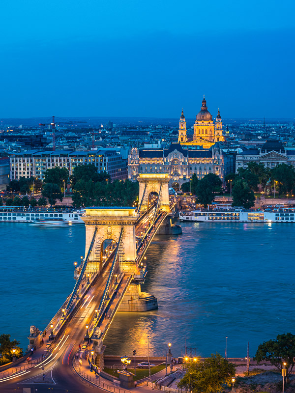 Budapest Hungary, night city skyline at Chain Bridge
