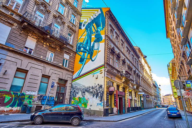 large murals on the buildings of Jewish Quarter Budapest