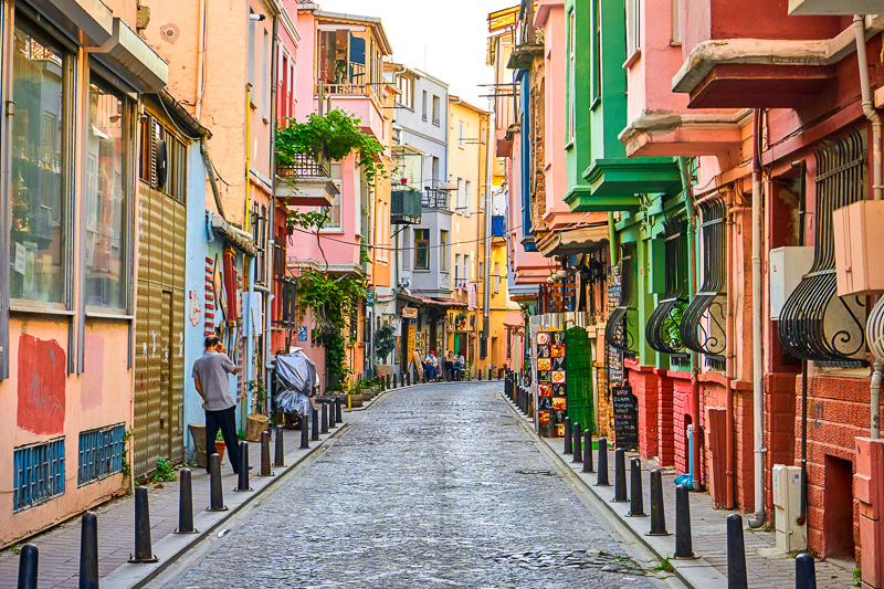 Bright colorful old houses and cozy streets of jewish district in Istanbul.