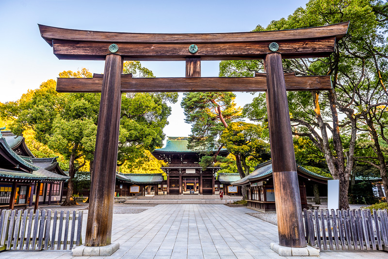 wooden archway entrance with wooden and green roofed meiji shrine in background