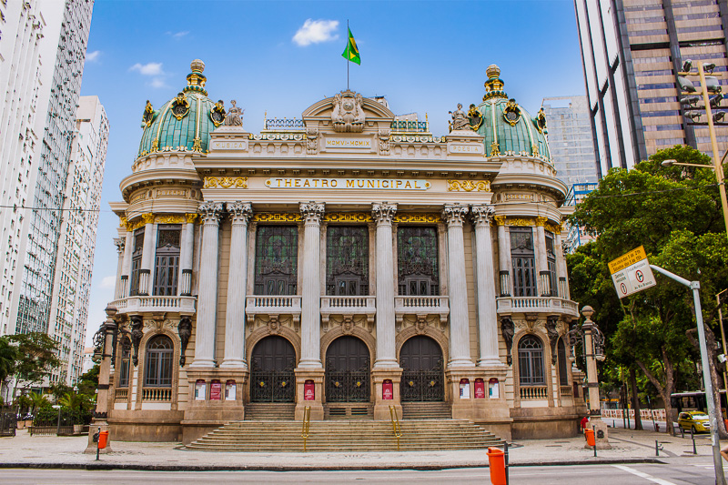 Front façade of the white Opera House (Teatro Municipal) with aqua domes in Rio de Janeiro, Brazil