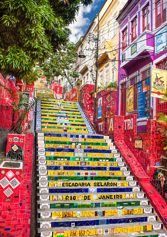 colorful yellow and blue steps with red tiled sides  of the Searon STeps