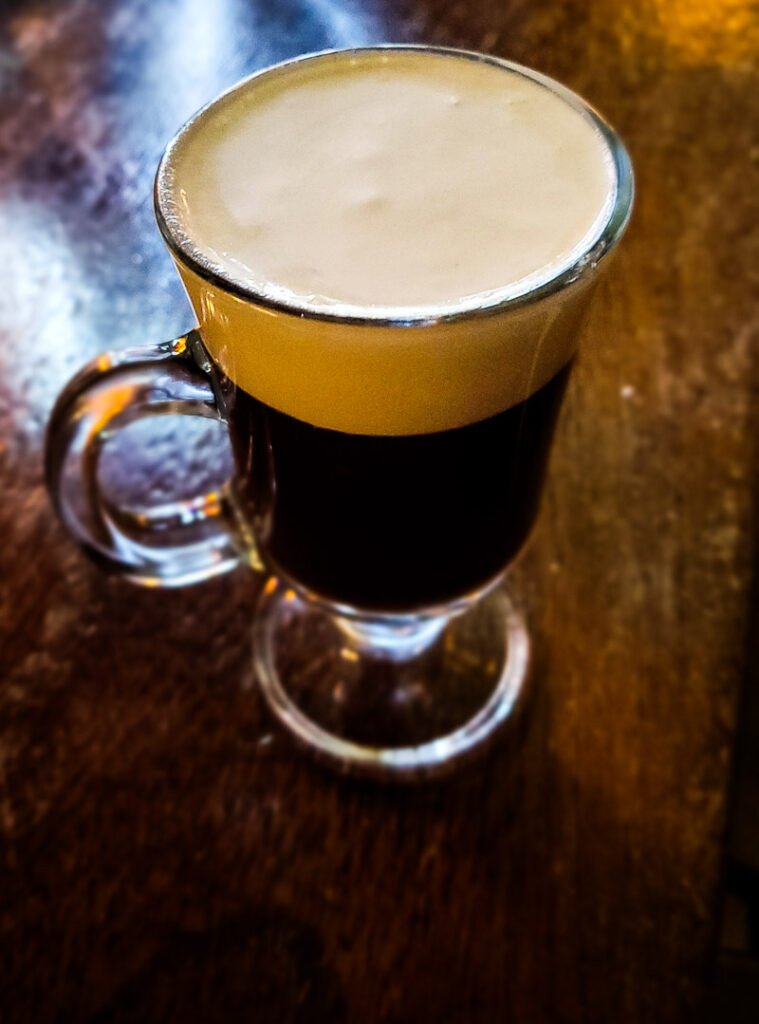 Irish coffee in a glass mug