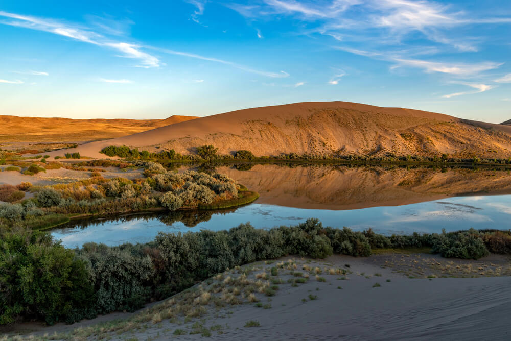 sand dunes rflected in lake at Bruneau Dunes State PArk