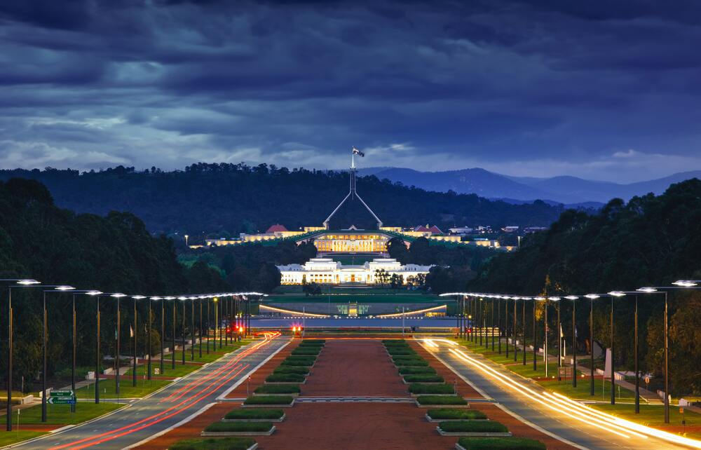 parliament house canberra lit at night