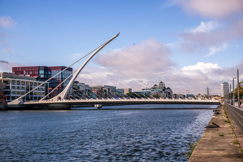 Harp shaped bridge spanning a river in Dublin