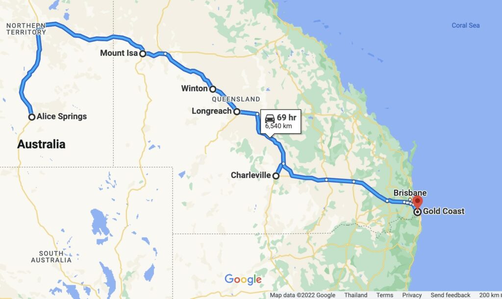 road trip from Gold Caost to Alice Springs map