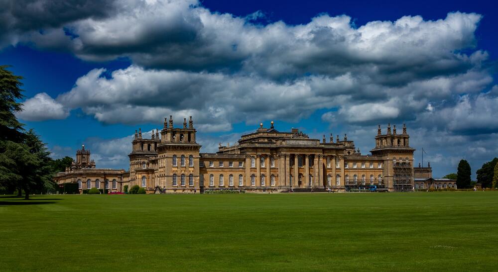 front facade of blenheim palace on the expansive lawn