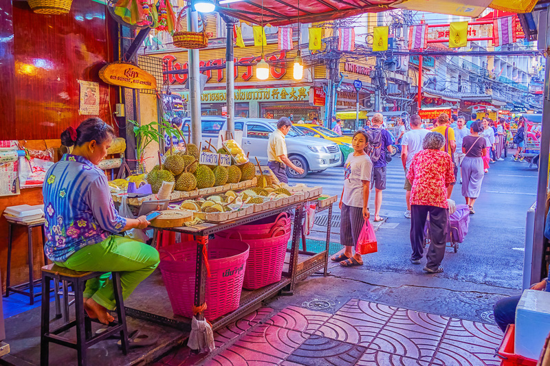The fruit stall with heaps of Durian in Sampeng Lane Market in the heart of Chinatown