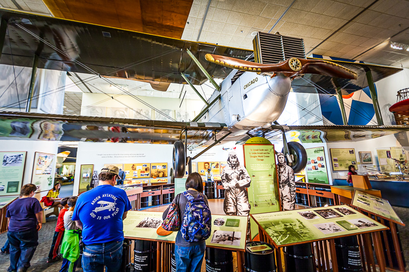 people looking at exhibits and model plane in the air at National Air and Space Museum