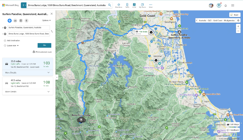 map showing driving distance between surfers paradise and binna burra lodge