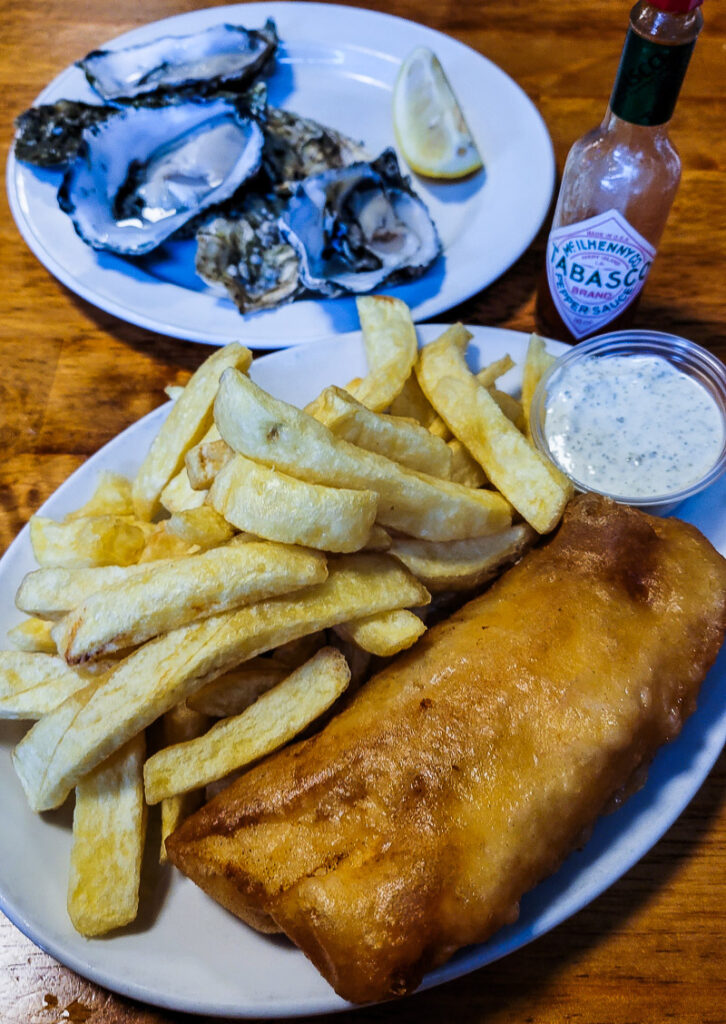 Fish & chips and oysters on a plate