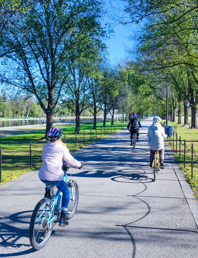 Family riding bikes in DC