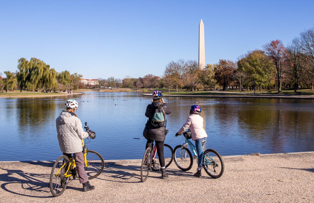 Three girls bike riding in Washington DC