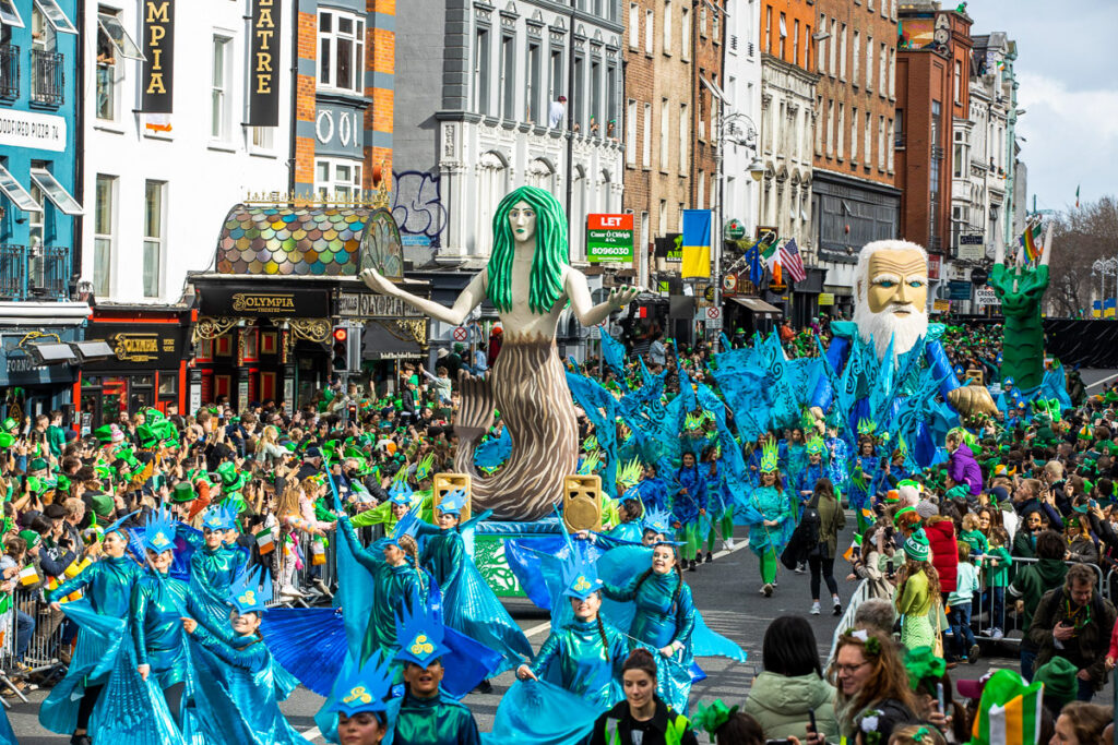People dressed in green at a St Patrick's Day parade in Dublin