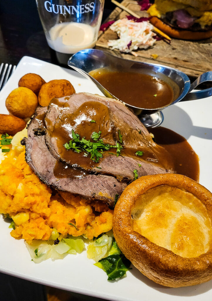 Roast beef and vegetables on a plate