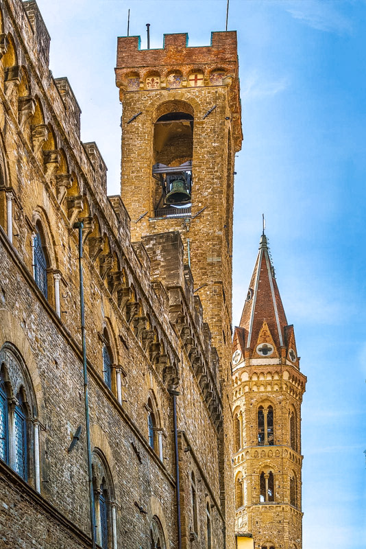 Bell tower of the Badia Fiorentina and Bargello Palace in Florence, Italy
