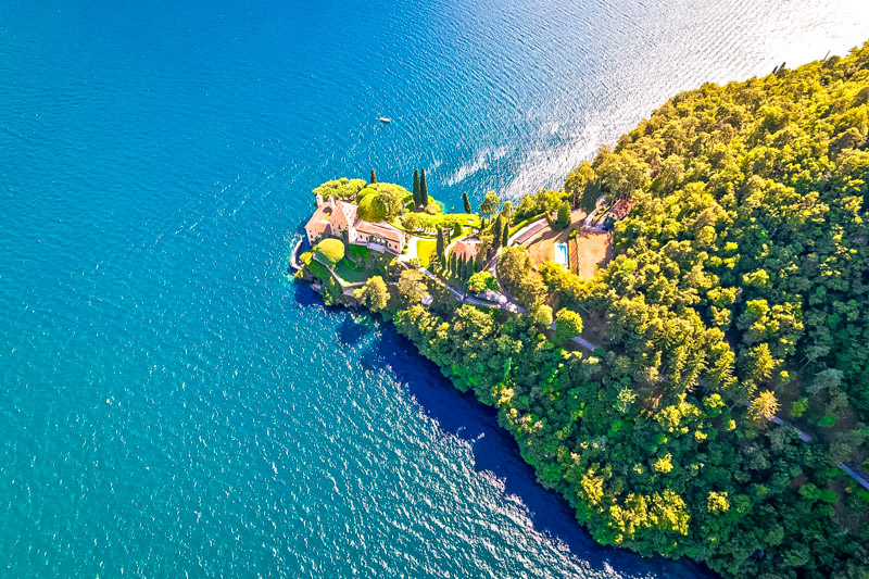 Villa Balbianello on Lake Como aerial view, Town of Lenno, Lombardy region of Italy