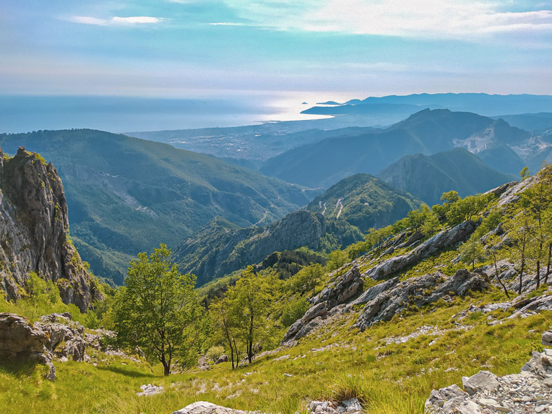panorama towards the horizon among the wooded valleys on the Apuan Alps of the Tuscan Apennines in italy
