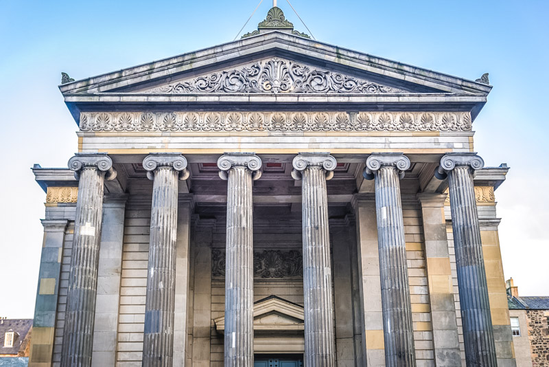 Front facade of Surgeons Hall Museums in historic part of Edinburgh city, UK