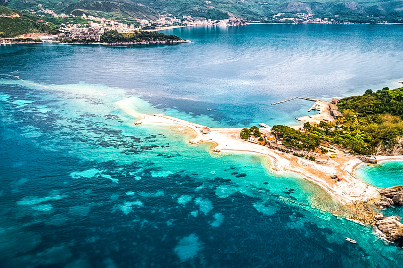 Aerial view of Sveti Nikola Island near Budva city at Adriatic Sea in Montenegro. 